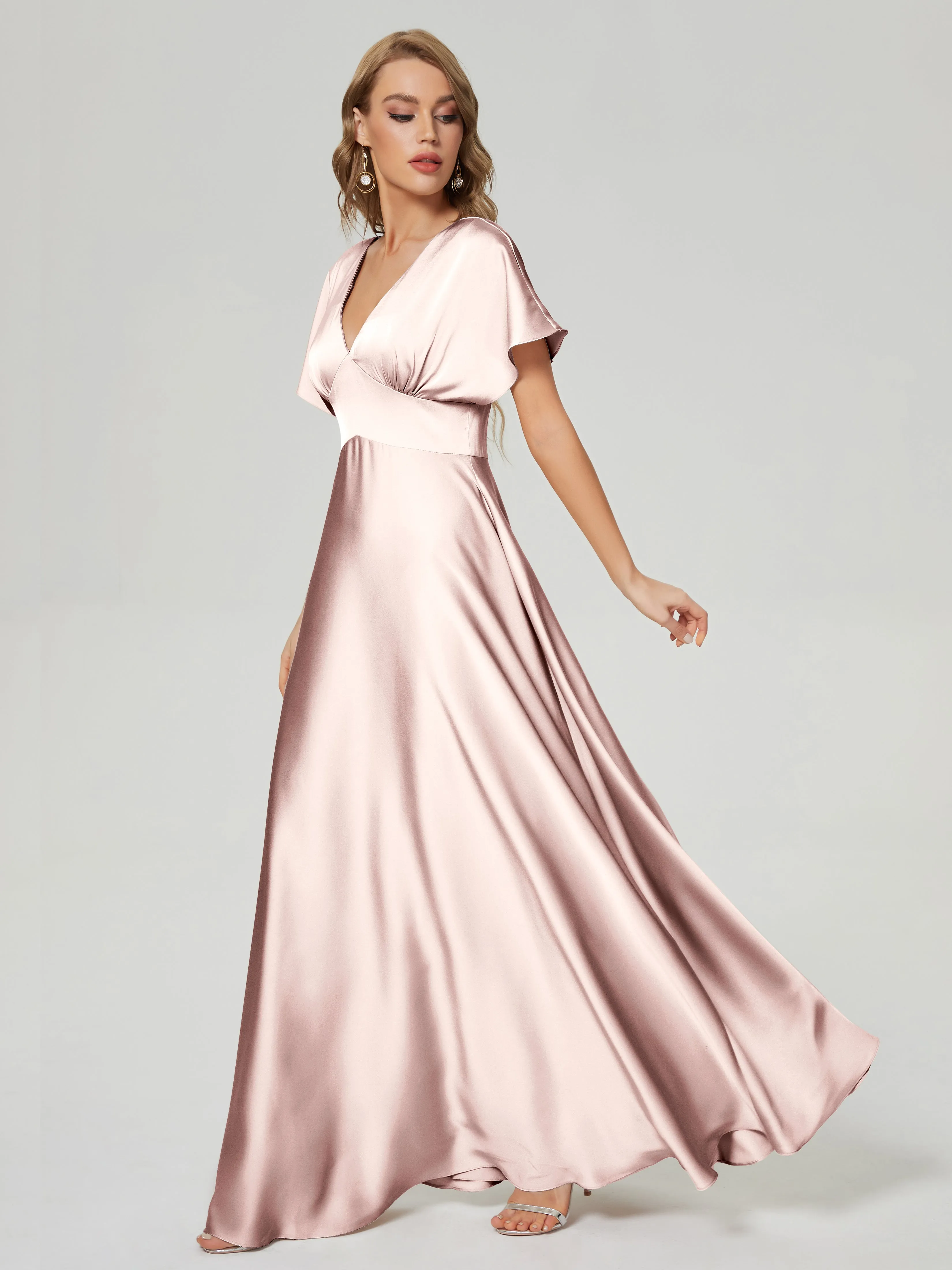 Pearl Pink Bridesmaid Dresses Ariah Modest V Neck Short Sleeves Soft Satin Dresses