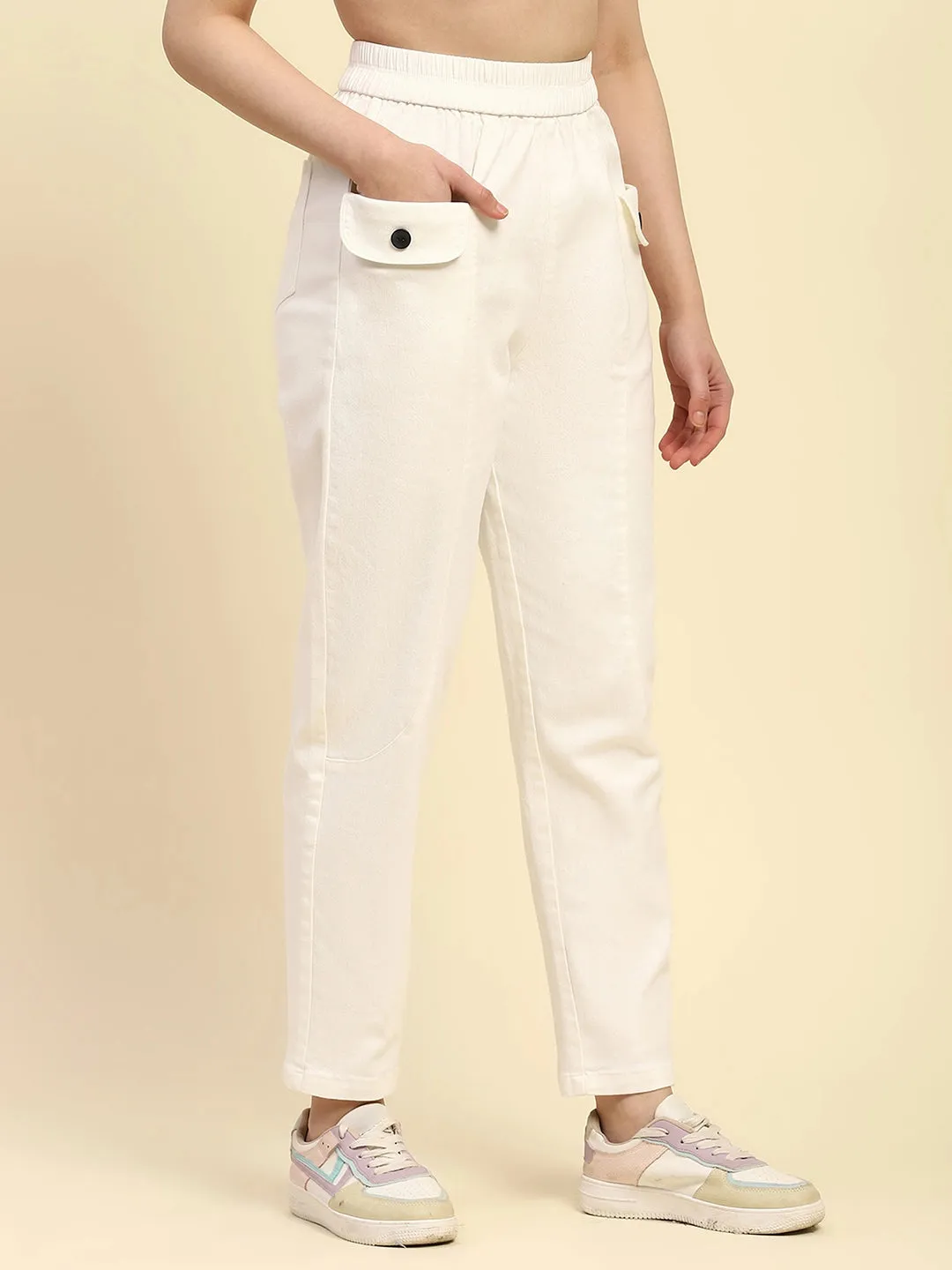 White Textured Cotton Regular Fit Trouser